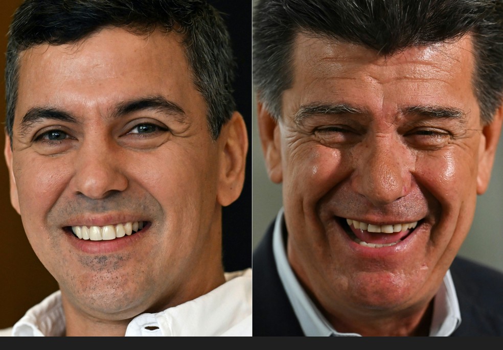 Montagem mostra os dois principais candidatos à presidência do Paraguai, Santiago Peña (esquerda) e Efrain Alegre (direita) — Foto: Luis Robayo/AFP