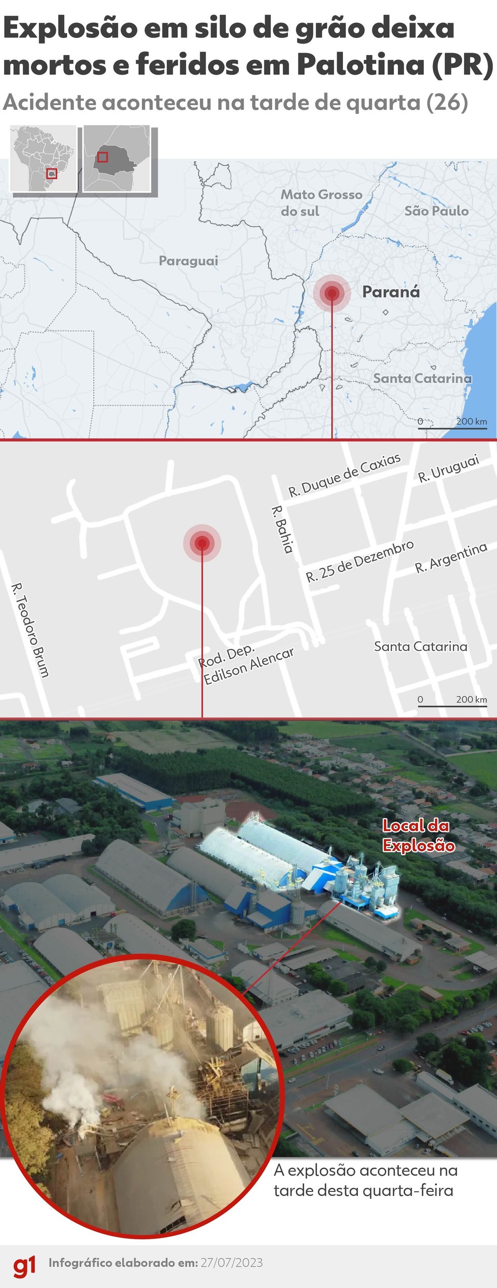 Mapa detalha local de explosões em silos, em Palotina, no Paraná — Foto: g1