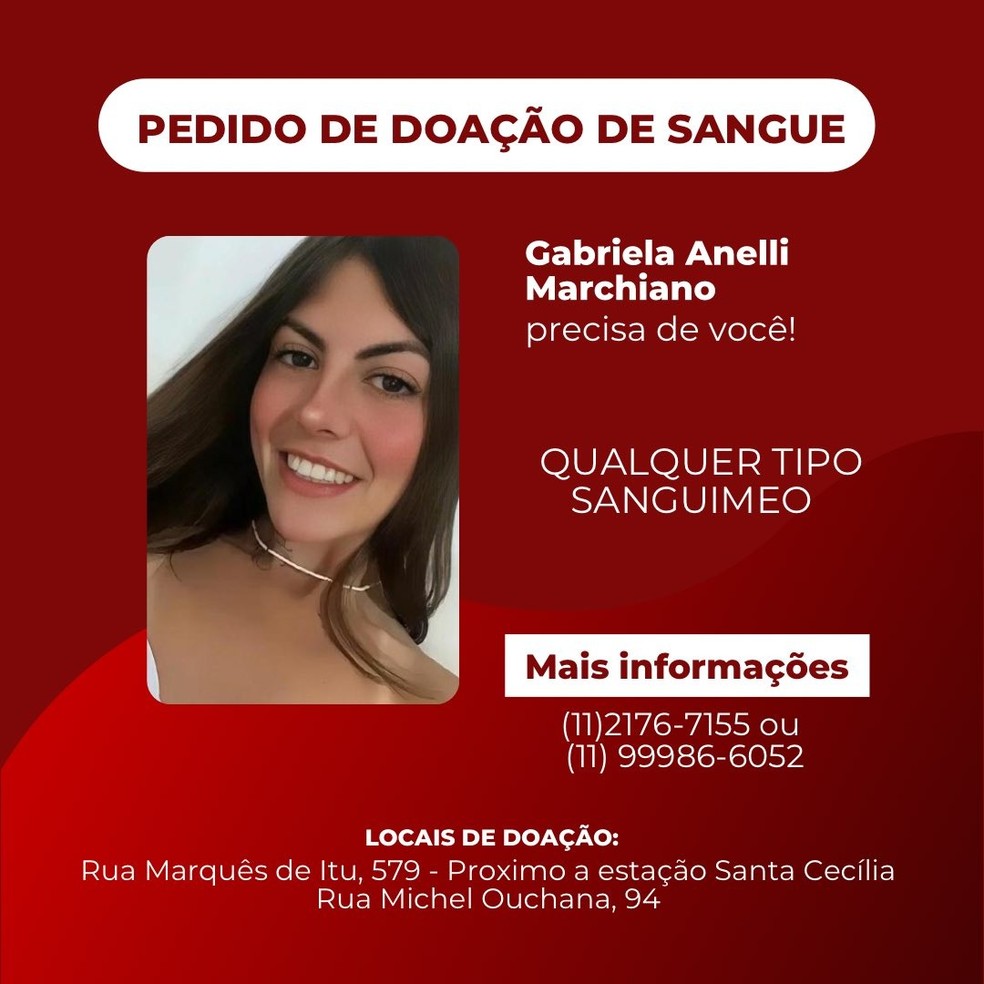 Campanha por doação de sangue feita por familiares de torcedora ferida em Palmeiras x Flamengo — Foto: Reprodução/Redes sociais