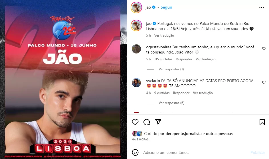 Jão é primeiro nome brasileiro confirmado no Rock in Rio Lisboa 2024