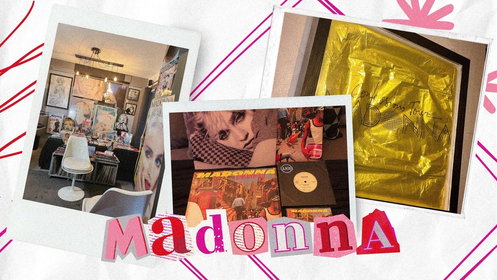 Entre discos, recortes de revistas e fotos, o maquiador Vinicius Duarte guarda tantas lembranças que ele tem até um 'museu da Madonna' em casa (1) — Foto: Reprodução/gshow