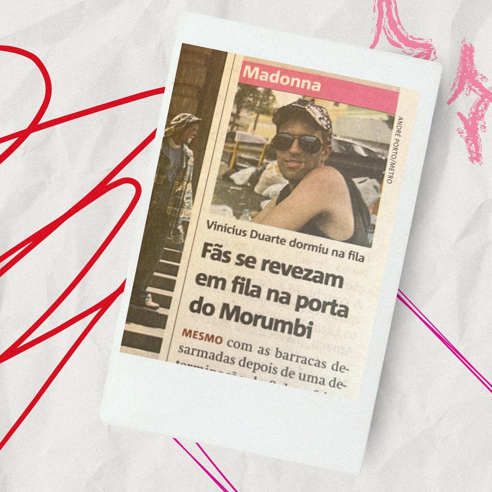 No recorte de jornal de 2008, Vinicius Duarte virou notícia ao dormir na fila por três meses para o show da Madonna em São Paulo — Foto: Reproduçã/gshow