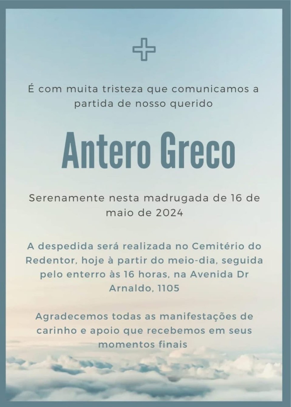 Postagem anuncia morte de jornalista Antero Greco — Foto: Reprodução